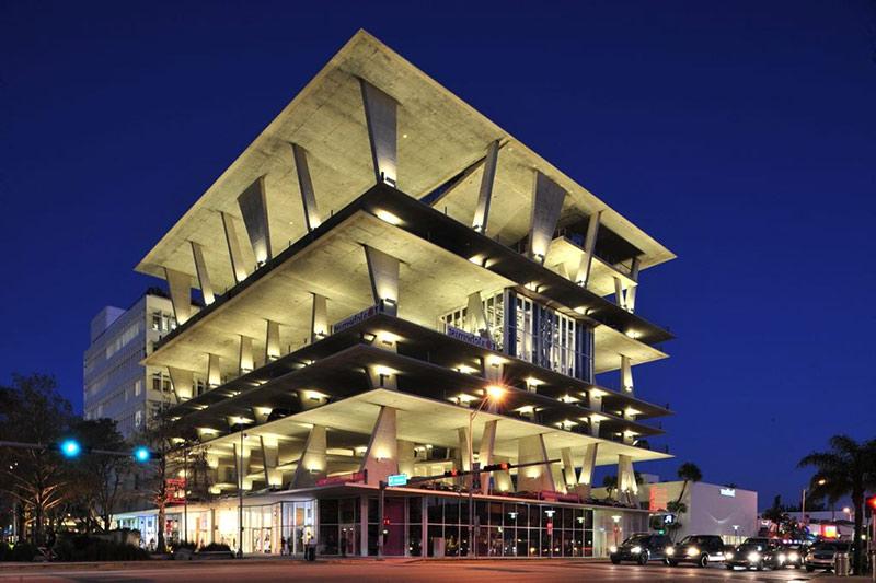 Parking garage at night.